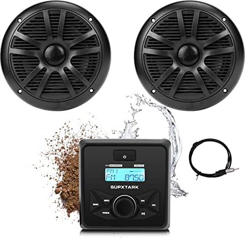 Marine Stereo Audio System with Marine Speakers and Gauge Receiver Package, IPX6 Weatherproof Bluetooth Audio Receiver and AM FM Radio Receiver, USB, MP3, Aux input, 2 x 6.5 Inch Black Marine Speakers