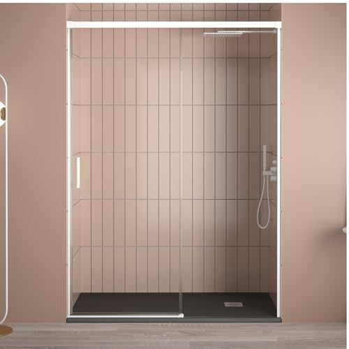 Mampara Ducha Frontal Corredera 1 Puerta Corredera 1 fijo | Cristal templado 6mm Antical Transparente | Altura 195cm | Perfilería Blanco Mate | 115cm (Adaptable 109-114cm)