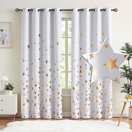 Weißgoldene Stern-Kindervorhänge für Schlafzimmer, 100 % echte Verdunkelungsvorhänge für Jungen und Mädchen, wärmeisoliert, metallisch, funkelnd, Sternmuster, oben 50x84 cm, 2 Paneele