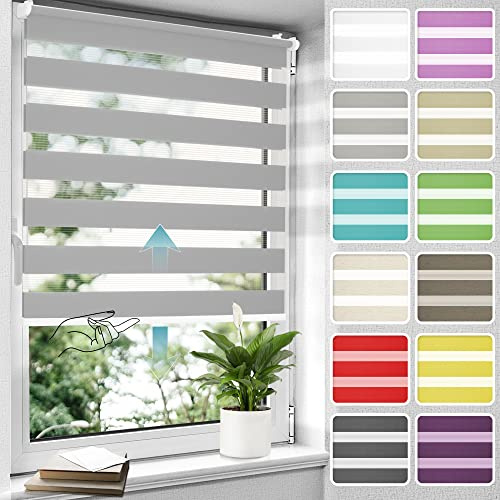 Allesin Doppelrollo schnurlos Klemmfix ohne Bohren Duo Rollos für Fenster, 70x120cm (Stoffbreite 70 cm) Grau, Drücken Und Ziehen Springrollos Klemmrollo Fenster, Rollo ohne Schnur