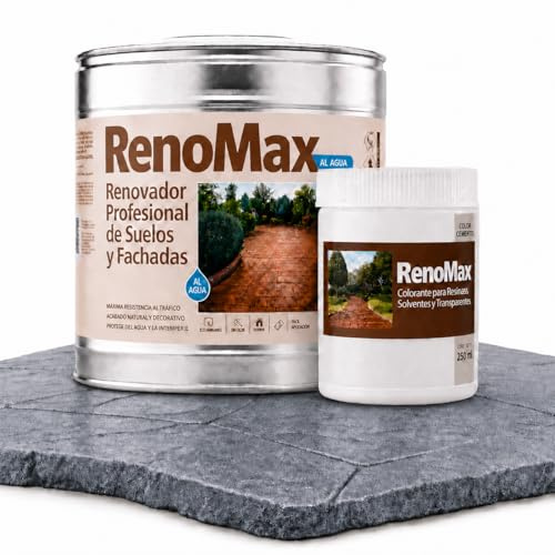 Renomax - Resina Hormigon Impreso y Superficies Porosas Al Agua + Tinte Hormigon Impreso Color Cemento, 5L Cubre hasta 50m² | Repara y Protege Suelos,Fachadas | Fácil de Aplicar, Garantía 5 Años