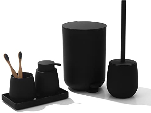 GAHEFY, Set di accessori da bagno neri, con mini pattumiera da 3 litri, portaspazzolino, dispenser di sapone, vassoio portaoggetti, scopino e supporto, 5 pezzi, colore nero