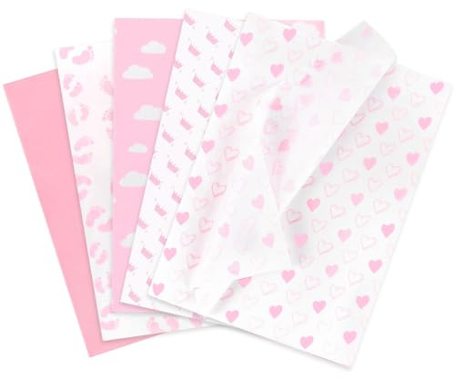Larcenciel Seidenpapier 50 Blatt, Baby-Fußabdrücke Seidenpapier Rosa zum Geschenktüten und Geschenkverpackung, Niedliches Baby-Mädchen-Design Geschenkpapier für Taufen, Geburtstage, Jubiläen, 50x35cm
