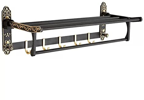 Duschregal Badezimmerregal mit Handtuchstange und 5 Haken, schwarzes Retro-Wandregal, multifunktionaler Aluminium-Handtuchhalter for Badezimmer Badezimmer Regal