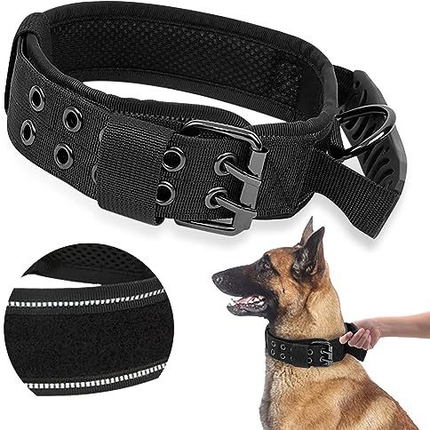 AKOFIC Taktisk hundkrage, militär nylonhundhalsband med kontrollhandtag och tungt metallspänne, reflekterande justerbar vadderad träning hundhalsband för medelstora hundar