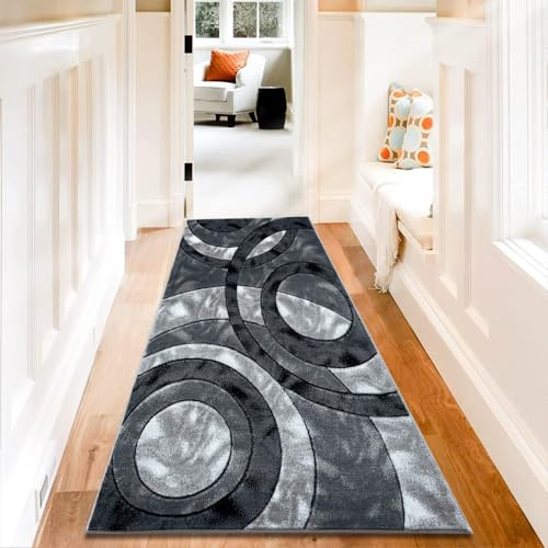 PHP Shaggy Carpet Runners Dining Room Rug Modern Hallway Decor Circle Abstract Design Living Room Rug Anti Fatigue Runner Rugs for Hallway Grey - 80 X 150 cm