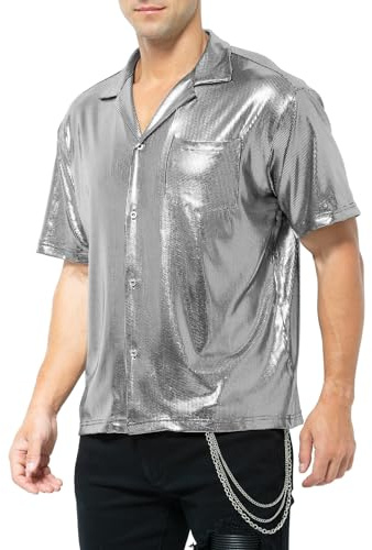 Casey Kevin Chemise Paillette Homme Tenue Disco Habillées Costume Col Pelle a Tarte T-Shirt Annee 80 Brillante Tenue de Soiree Vetement Clubwear Nuit de Fête