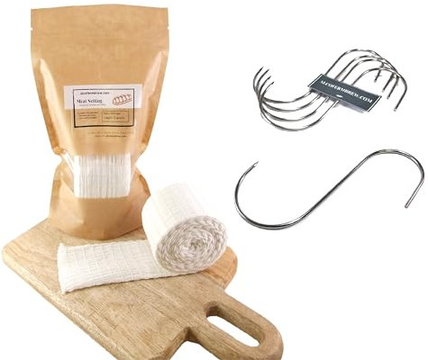 Rete Elastica per la Carne 5mts + S Ganci per Carne x 5 - Rete per Arrosti, Ganci per pesce e carne di affumicatura (125mm/5mts Calza + Ganci per Carne x 5)