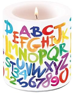 Kerze Kindermotive Bunte Buchstaben und Zahlen als Tischdeko. Motivkerze rund klein für den gedeckten Tisch Ø7,5 x 9cm
