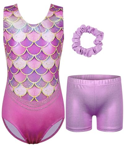 BAOHULU Gymnastikanzug für Mädchen mit aktiven Shorts, glänzendes Diamant-Kreuzrücken, Kinder-Tanz-Outfit, Violettes Set, 11-12 Jahre