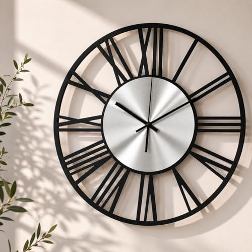 K&L Wall Art große Wanduhr XL Industrielle Metalluhr Vintage Wohnzimmeruhr lautlos Quartz Uhrwerk ohne Tick-Geräusche (Silber Aluminium, Ø 40cm)