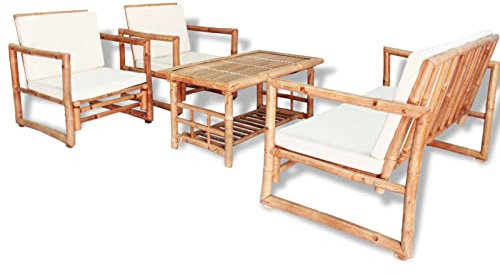 Rantry Gartenmöbel 4-TLG. Garten-Lounge-Set mit Auflagen Garten Sitzgruppe Bank Stuhl Tisch Gartenset Gartenmöbel Sitzgruppe Sitzmöbel Gartenbank Beistelltisch Gartengarnitur Möbel Bambus