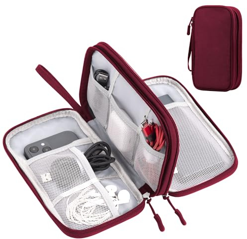 Arae Étanche Sac de Câble de Voyage Grande Capacité Antichoc, Organisateur Portable Double Couche pour Accessoires Électroniques, Compact pour Tech Gadgets, M, vin Rouge