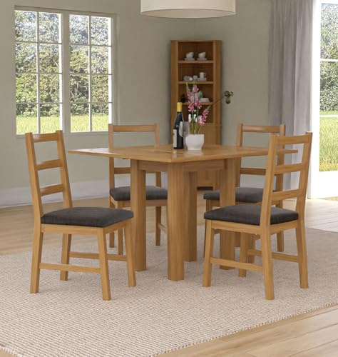 Hallowood Furniture Waverly Oak Dining Table and Chairs Set 4, 55-100cm | Small Square Extending or Folding Kitchen Table and Chairs with Ladder Back and Charcoal Fabric, Farmhouse Style Dining Sets