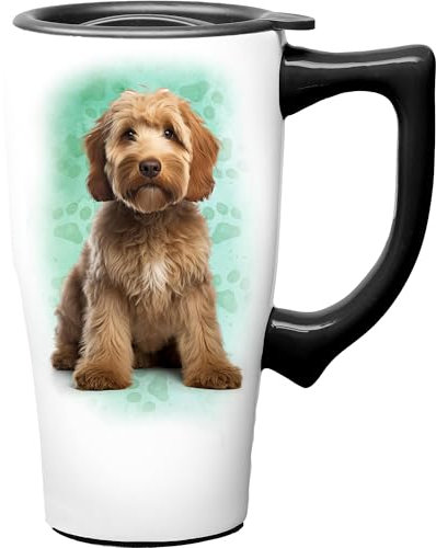 Spoontiques Doodle Ceramic Travel Coffee Mug with Lid and Handle - Spill Proof Lid - Double Walled Mug for Hot and Cold Beverages - Microwave and Dishwasher Safe