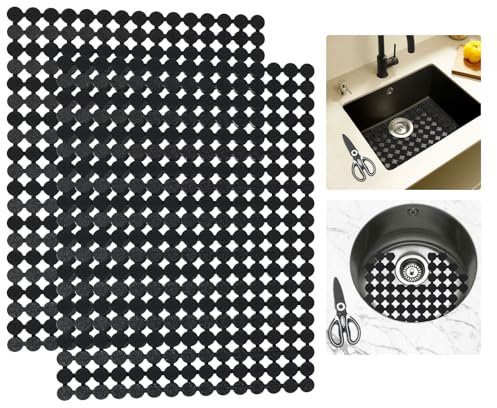 2 Stück Spülbeckenmatte mit Schere, PVC Zuschneidbar Spülbeckeneinlage, Abtropfmatte Spüle, Geschirr Abtropfmatte, Keramik/Edelstahl Spülbecken Schutzmatte, Küche Zubehör, 30 x 40cm (Dunkelschwarz)