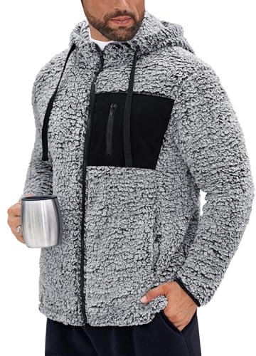 VOGSTART Männer Flauschiger Sherpa Hoodie Mit Ganzem Reißverschluss Warmes Fleece Oberbekleidung Kapuze Kontrast Taschen Herbst Alltag M