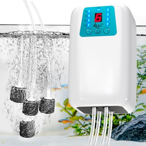 AQQA 8W 280GPH Battery Powered Aquarium Air Pump, USB Rechargeable Quiet Aerator Independently Control 1-4 Outlets & 6-Level LED Display,2 Modes(Continuous/Intermittent) for Fish Tank,Outdoor Fishing
