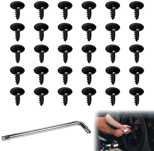 30 Pieces Black Wheel Splash Guard Bolt Retainers with Star Wrench L-Shape, Fender Liner Auto Body Engine Cover, Hex Self-Tapping Screws for Vehicle Maintenance Repair
