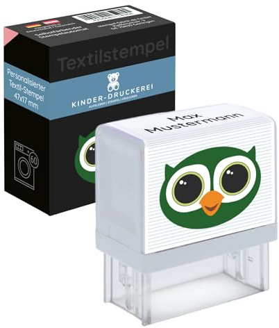 KINDER-DRUCKEREI Personaliserter Textilstempel/Namenstempel für Kleidung - Wasserfester Stempel zur Markierung von Textilien im Kindergarten & Schule (Vogel)