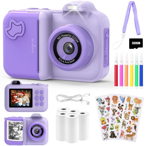 Sofortbildkamera Kinder, 24MP 2.4 Zoll Bildschirm Kinderkamera Sofortbildkamera mit Selfie, 32G Karte Druckpapier Farbigen Stiften 1080P HD Dual Kamera Kinder Sofortdruck, Geschenk 3-12 Jahren, Lila