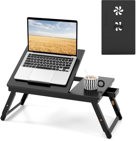 COSTWAY Laptopbord, hopfällbart, höjdjusterbart, lutbart och ventilation, med låda, läsning och frukost, 53 x 33 x 20–26,5 cm