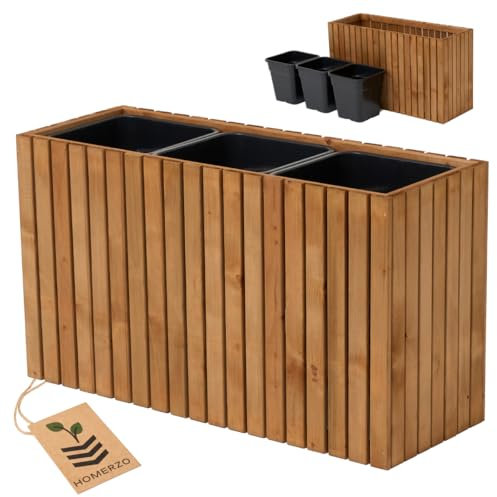 HOMERZO Bac à plantes en bois – imprégné et résistant aux intempéries – avec insert en plastique amovible – Jardinière surélevée pour balcon, jardin, terrasse (Vertical-brun 98x36 H55 cm)