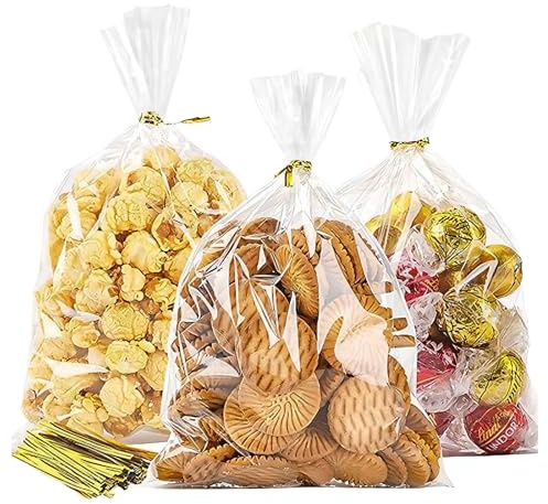 100 PCS 9 * 15 cm Cellophane Sweet Bags with Twist Ties, Clear Cookie, Cake & Candy Bags for Party Favours, Halloween, Christmas & Candy Buffet