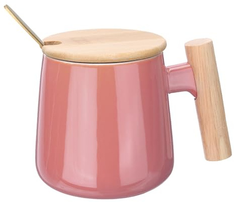 sourcing map Ceramic Coffee Mug 12.85 Oz Simple Wooden Handle Large Tea Cup Handmade Ceramic Mugs Gift Set with Lid and Spoon for Office Kitchen Home and Gifts for Women and Men, Pink