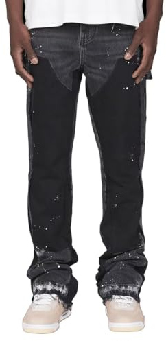 MILANG Baggy Jeans da Uomo, Pantaloni in Denim con Patchwork e Schizzi d’Inchiostro, Streetwear Larghi Y2K Flared Jeans Stile Hip Hop