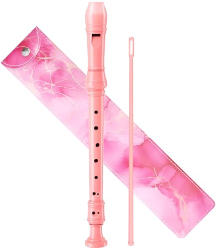 Soprano Recorder Instrument for Kids Beginners Student German Fingering C Key Recorder Instrument 3 Piece with Cleaning Rod and Bag Fingering Chart (Bright pink)