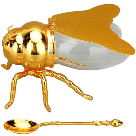 YUEHISY Honey Jar Bee Shaped, Honey Pot with Spoon, Glass Honey Pot Syrup Dispenser, Bee Figurine Honey Dispenser for Syrups, Condiments, Oil, Kitchen Decor (Yunir2x7fy59gc6-11)