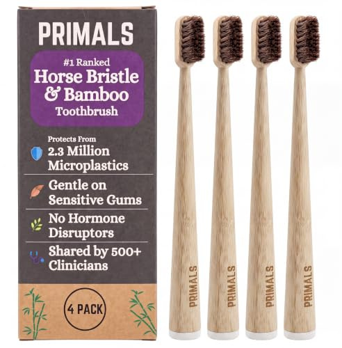 PRIMALS Cepillo de dientes de cerdas de caballo y bambú (paquete de 4) – Cerdas de caballo lujosas y suaves – Totalmente biodegradable – Sin plástico ni nailon – Diseño de secado rápido