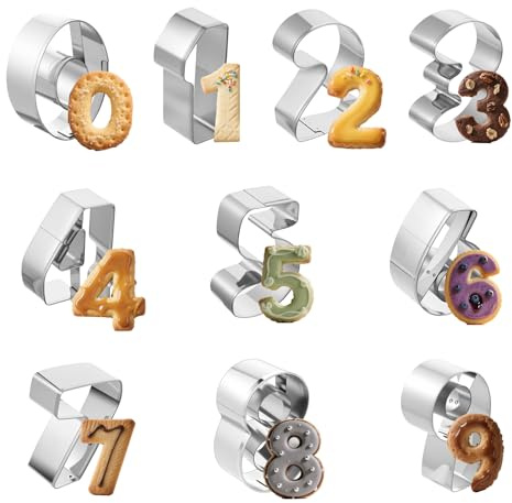 Prasacco Juego de 10 cortadores de galletas con números, de acero inoxidable 0-9, multiusos, para galletas, pasteles, fondant, molde para hornear (plata)