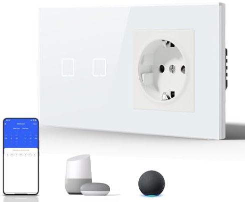 BSEED Interruptor Táctil de Pared Inteligente,Panel de Cristal,Pulsador con Pilotitos LED,Fáciles de Limpiar,E-Series,2 Gang 1 Vía + 1 Enchufe,157mm Blanco