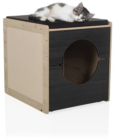 hjh LVING Katzenhaus für Daheim, 50x60x55,5 cm Kitty PAWBOX 2 Schrank für Katzenklo Katzenbett, Katzenhöhle bis 30 kg belastbar, Schwarz/Eiche