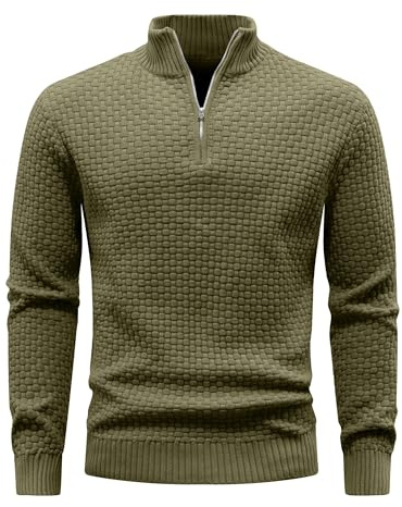 Zaitun Mens Quarter Zip Jumper Waffle Knitted Turtleneck Sweater Warm Long Sleeve Tops Casual Mock Neck Pullover Army Green