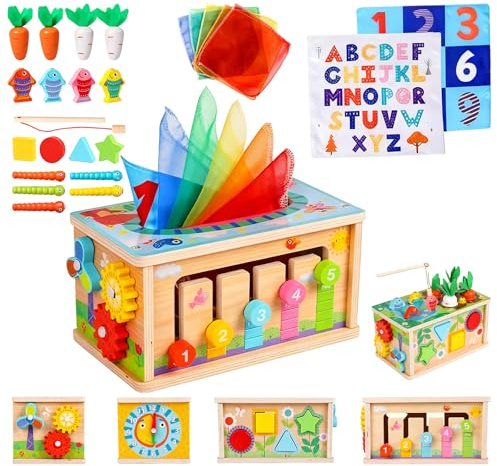 SACBRZZ 7 in 1 Tücherbox Baby Ab 1 Jahr, Holzspielzeug Montessori Spielzeug Baby 6-12 Monate, Motorikwürfel Montessori Spielzeug Ab 1 Jahr,Motorikspielzeug Für 1 2 3 Jahre Mädchen Junge,Geschenk