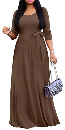 FANDEE Maxi Dress for Women 2025, Long Casual Empire Waist Dresses 3/4 Sleeve Round Neck with Belt, Brown, XL