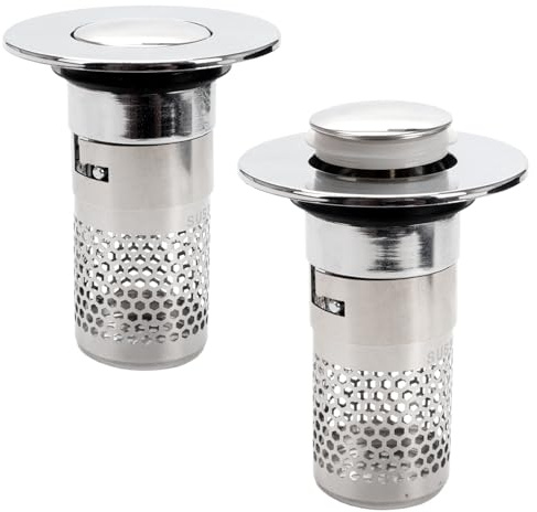BERRYLION Pop Up Sink Plug Basin Plugs Bathroom Sink Stopper 2PCS Pop-Up Shower Plug Smell Stopper 3 in1 Universal Bath Plug with Removable Stainless Steel Strainer Basket & Brass Bullet Core