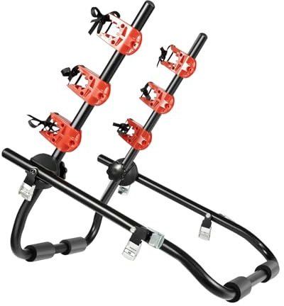 Electric Bike 3-Bike Trunk Mount Rack for S Sedan Hatchback – Foldable Bicycle Carrier with 44.1lbs Capacity Adjustable Straps & License Plate Visibility – Heavy-Duty Steel Frame