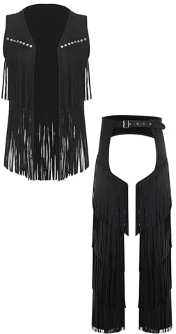 Rswnyirn Western cowboy kostym mocka cowboyväst chaps byxor med graderade fransar halloween karneval rollspel outfit svart XXL