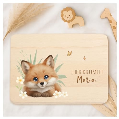 Little-Deco Individuelles Holzbrett mit zertifiziertem UV-Druck für Kinder, Personalisiertes Frühstücksbrettchen, Hier Krümelt Brettchen mit Namen, Taufgeschenk & Babygeschenk XFL1015