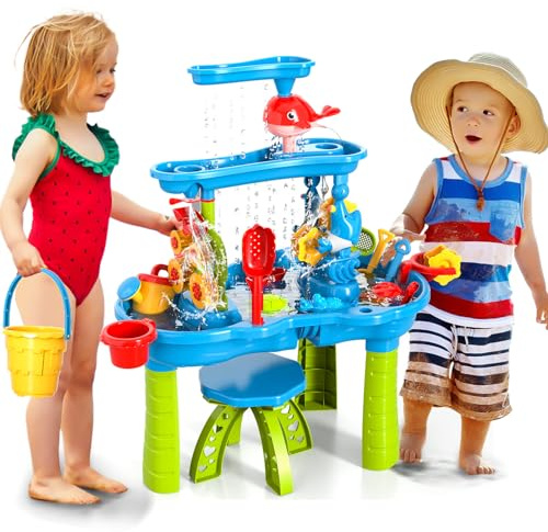 Doloowee Wasserspieltisch, Großer Wassertisch mit 12-teiligem Zubehörset, Garten Draußen Wasser Spieltisch für Kinder 3 4 5 Jahre Alt