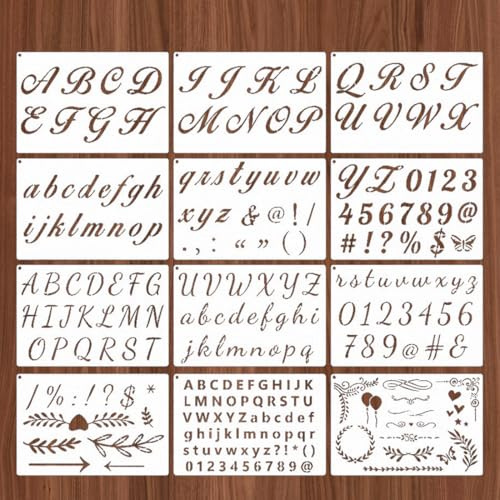 WUY Accessori per disegno e scrittura,Set di 12 stencil da disegno riutilizzabili, bianchi, adatti per scrapbooking, rivestimenti per pavimenti, mobili, decorazioni murali e scrapbooking fai da te