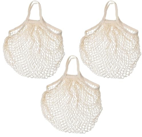 TenaLucy 3 Piezas Bolsa de Malla Reutilizable Algodón, Bolsa Tela Grande Bolsas Compra Mallas, Bolsas De Almacenamiento Simples, Bolse de Malla des asa Larga para Frutas Verduras Almacenamiento Ropa