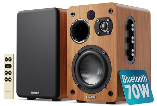 MAJORITY Bluetooth Active Bookshelf Speakers | Powered Stereo Speakers, USB Playback and Charging | HDMI ARC, Optical, Phono, Aux | Turntable Speakers & Extra Bass D70X Active (Walnut)