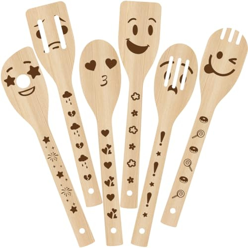 PRESSINART 6Pcs 6 Styles Funny Wood Spoon Set for Cooking 2.4 x 11.8 Inch Durable Spatula, Smile Faces Bamboo Kitchen Utensils for Housewarming Wedding Anniversary Thanksgiving Birthday Gifts Use