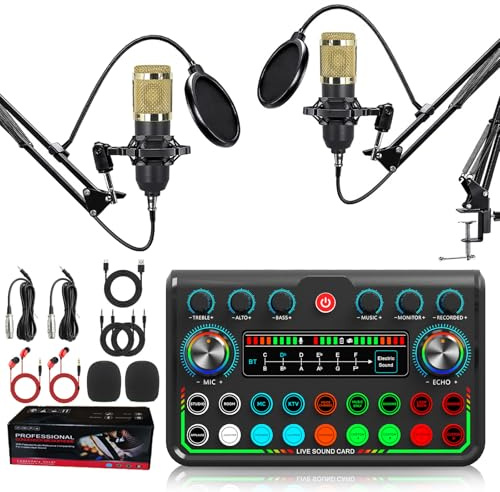Podcast Mikrofon Bündeln, Komplettes Aufnahmestudio mit 2*Mikrofon, Podcasting und Stimmenverzerrer, All-in-One-Audiomixer perfekt für Live-Streaming, Podcast, Aufnahme, Gesang,Gaming,PC/Laptop Gold