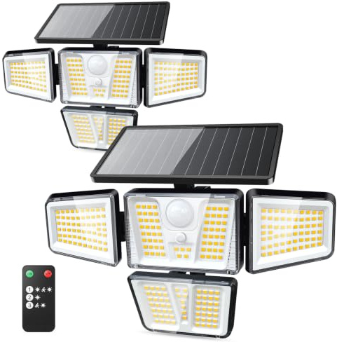 TuyLuxe Solarlampen für Außen Garten mit bewegungsmelder 3600Lumen - 2 Pack | 2500mAh, 3 Beleuchtungsmodi, 257 LEDs, 4 Verstellbare Lampenköpfe, IP65, Solarbetriebene Außenleuchte mit Fernbedienung, Hof